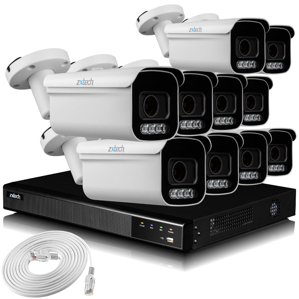 Zxtech 4K CCTV System - 10 x IP PoE Cameras Motorised Lens Face Detection Outdoor Sony Starvis Enhanced Night Vision  | RX10D16X