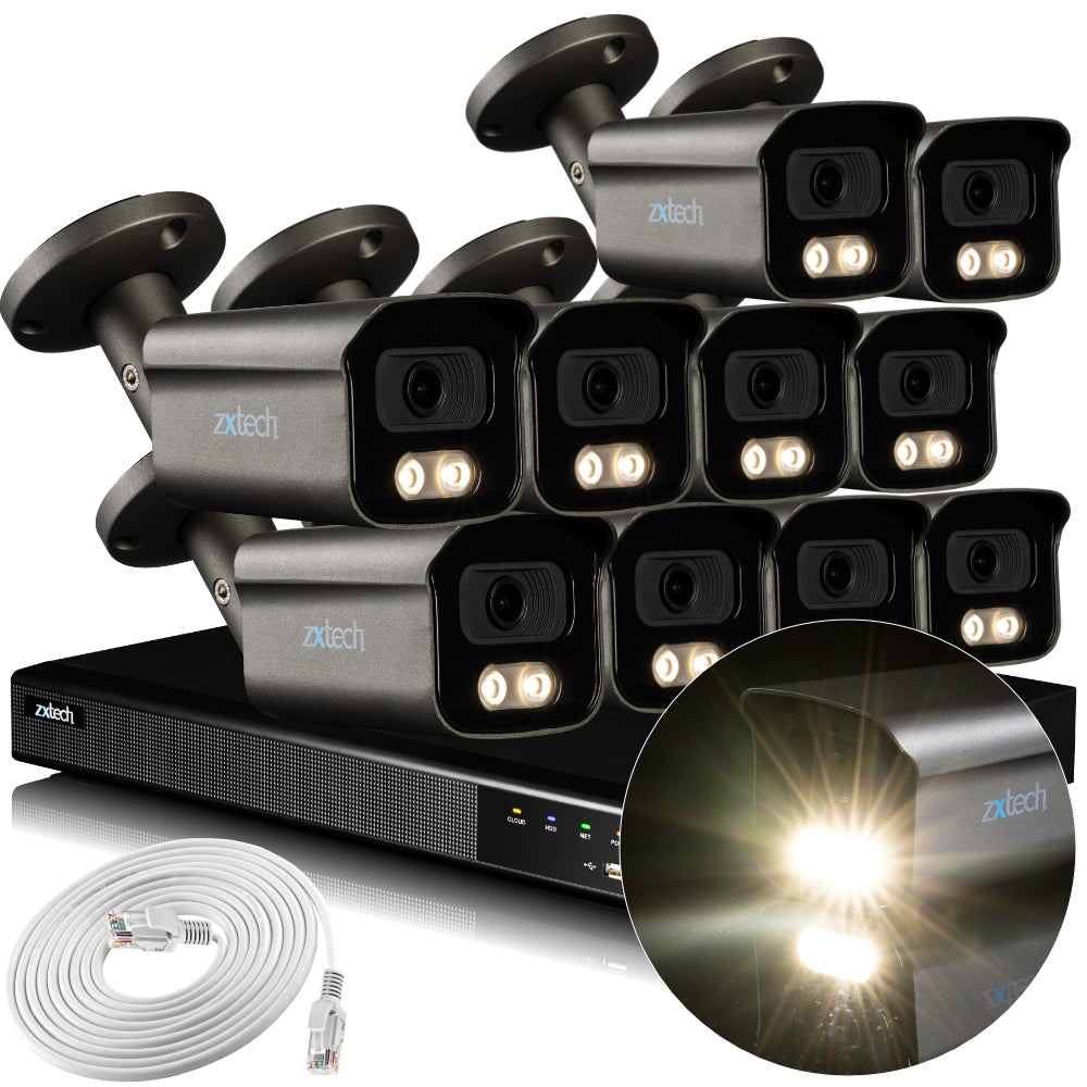 Zxtech 4K CCTV System - 10 x IP PoE Cameras Audio Recording Face Detection Outdoor Sony Starvis  | RX10F16X