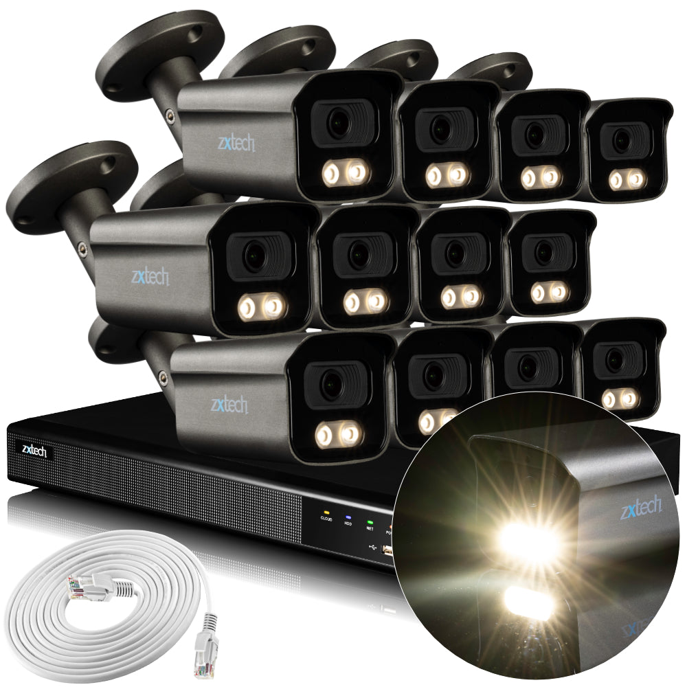 Zxtech 4K CCTV System - 12 x IP PoE Cameras Audio Recording Face Detection Outdoor Sony Starvis  | RX12F16X