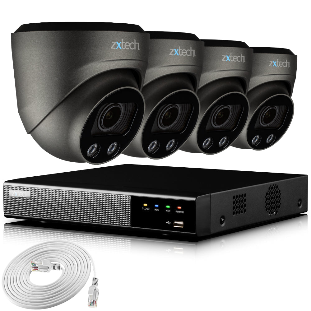 Zxtech 4K CCTV System - 4 x IP PoE Cameras Motorised Lens Face Detection Outdoor Sony Starvis  | RX4G4Z