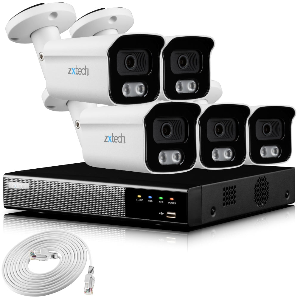 Zxtech 4K CCTV System - 5 x IP PoE Cameras Audio Recording Face Detection Outdoor Sony Starvis  | RX5B9Y