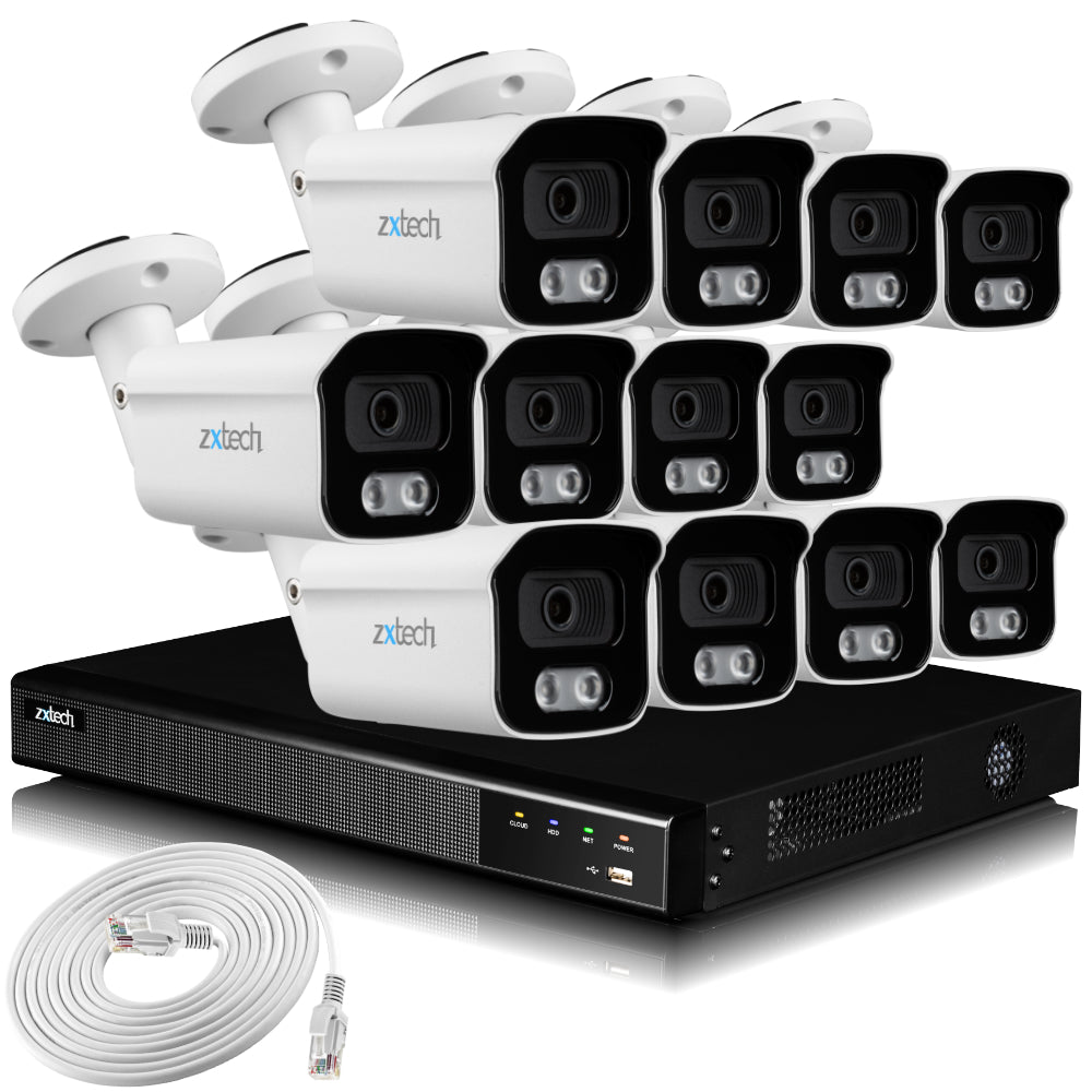 Zxtech 4K CCTV System - 12 x IP PoE Cameras Audio Recording Face Detection Outdoor Sony Starvis  | RX12B16X