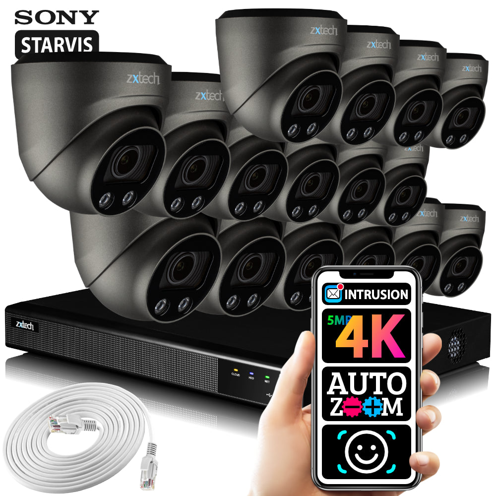 Zxtech 16 x 5MP 8MP Auto Zoom PoE CCTV Camera Face Recognition Home CCTV Kit RX16G16X